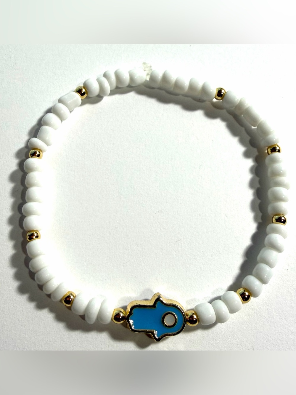 2 of Gold Metal Hamsa Evil Eye Good Luck Charm White Seed Beaded Bracelets